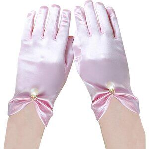 Women's Pink-2 Short Satin Pearl Bow Wrist Gloves Bridal Wedding Party Prom